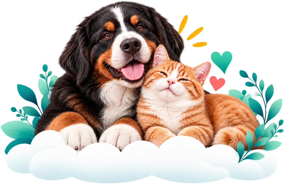 Cachorro e gato juntos, deitados numa nuvem